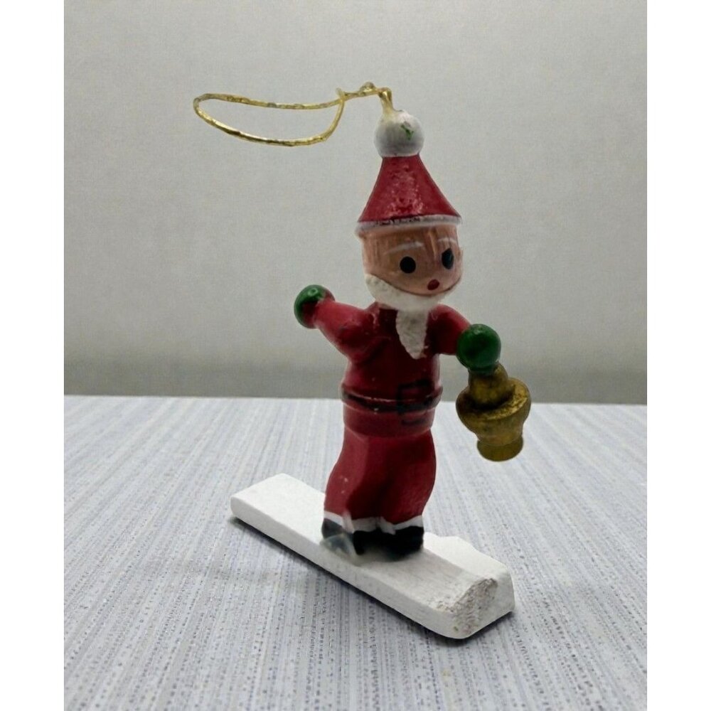 Santa on Skis Wooden Mini Ornament Christmas Skier Snowboarding Hand Painted
